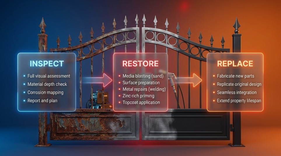 restore or replace rusty wrought iron gates